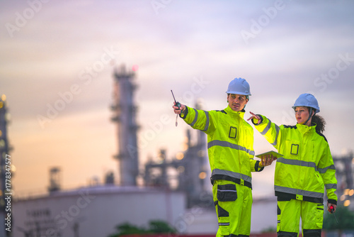 Canvas Print Two industrial workers in high-visibility safety uniforms discuss work plans on-site during golden hour, with a refinery or factory plant blurred in the background