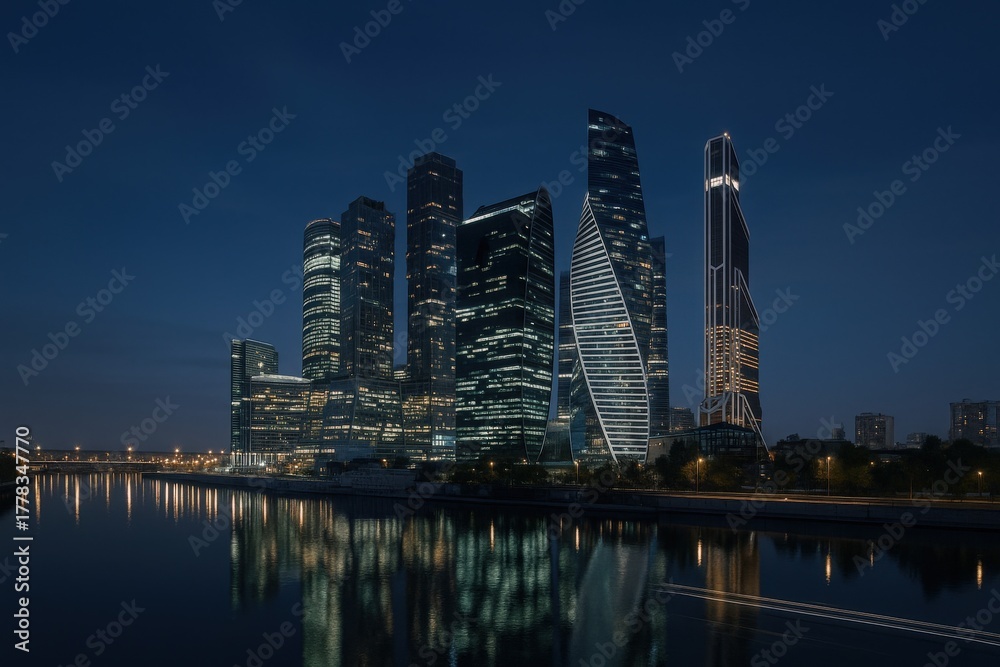 Obraz premium Modern Cityscape at Night Reflecting on River, Featuring Skyscrapers and Urban Illumination