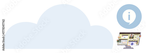 Large cloud shape with information icon and digital workspace on a monitor displaying organized files. Ideal for technology, cloud computing, data storage, digital education, remote collaboration, IT