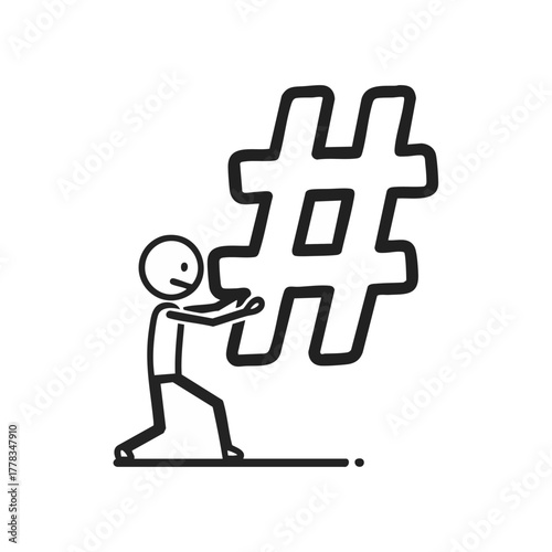 A stick figure character struggles to manage a large hashtag symbol, representing the demanding nature of social media and digital communication.
