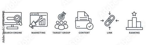 Search Engine Marketing (SEM) icon set vector concept with icon of search engine, marketing, target group, content, links, ranking 