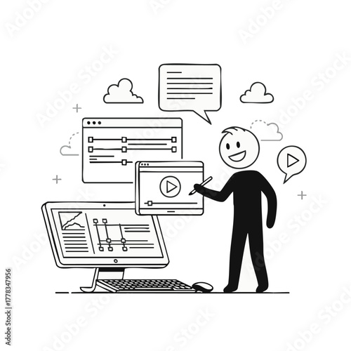 A cheerful stick figure engages in complex digital content creation, meticulously editing video and adjusting settings on multiple screens, symbolizing modern creative workflows.