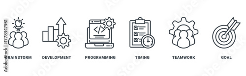 Hackathon icon set vector concept with icon of brainstorm, development, programming, timing, teamwork, and goal 