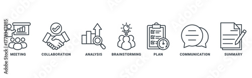 Brief icon set vector concept with icon of meeting, collaboration, analysis, brainstorming, plan, communication, and summary 