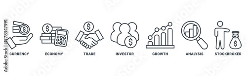 Forex icon set vector concept with icon of currency, economy, trade, investor, growth, analysis and stockbroker 