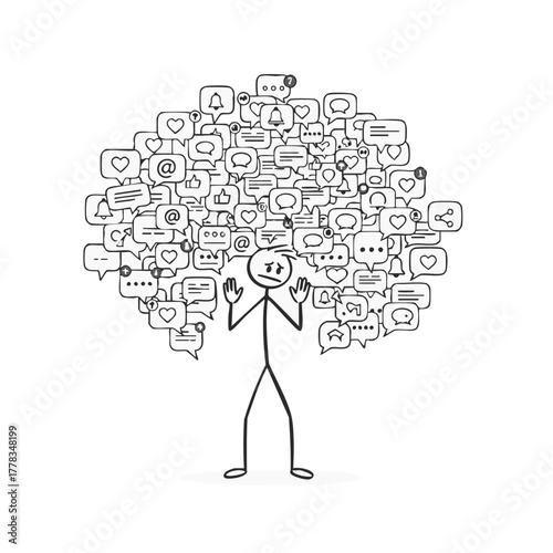 A stick figure overwhelmed by a cloud of social media notifications and icons, representing information overload and digital distractions.