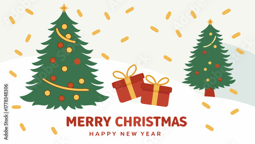 Two christmas trees with gifts and confetti for merry christmas and happy new year holiday season