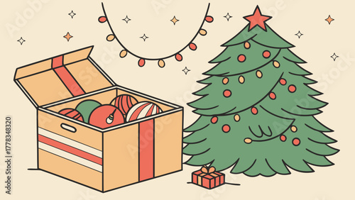 A christmas tree with ornaments and a star next to a box of ornaments and a gift with lights above it