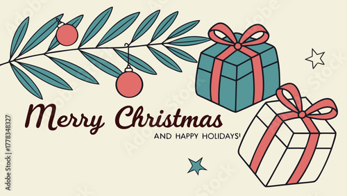 Merry christmas and happy holidays card with gifts and ornaments on a branch in a vintage style