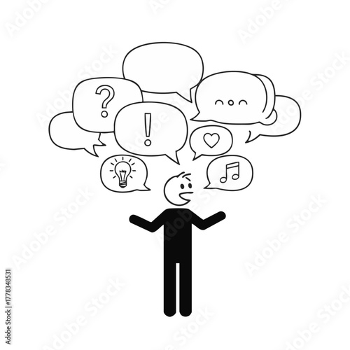 A simple stick figure with open arms surrounded by speech bubbles representing thoughts, ideas, and communication in a visual metaphor.
