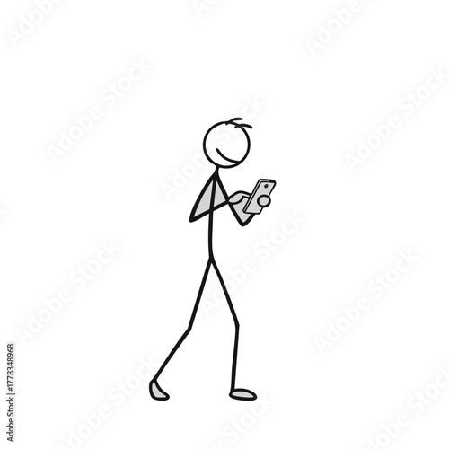 A simple stick figure walks while engrossed in their smartphone, illustrating modern communication and digital habits on a white background.