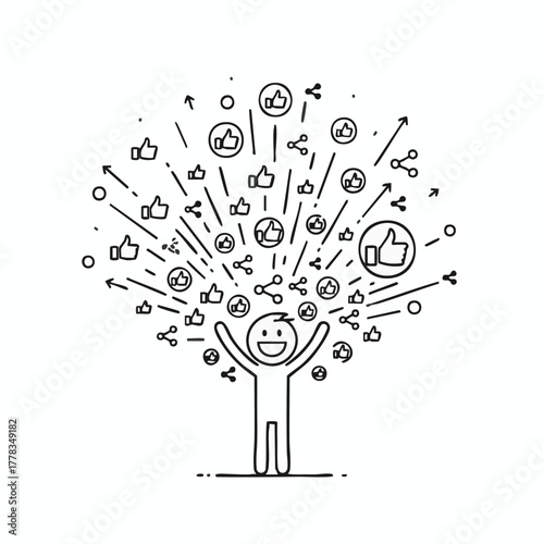 A happy person celebrates social media success, surrounded by likes, shares, and connections in a vector illustration.