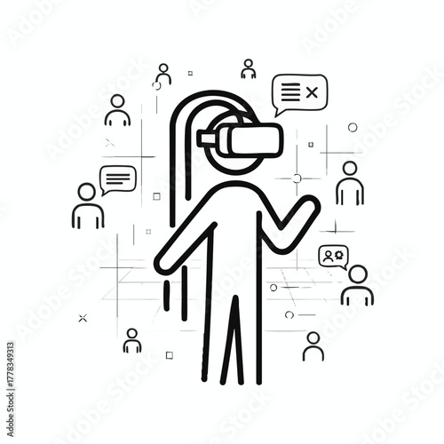 A person experiencing virtual reality with a headset, surrounded by social interaction symbols and communication bubbles, in a modern digital illustration.