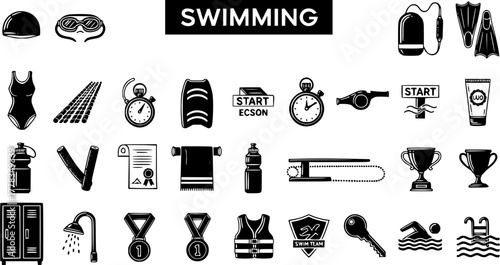 Swimming Icons Set: Black and White Vector Illustration of Swim Equipment, Accessories  Competition Elements