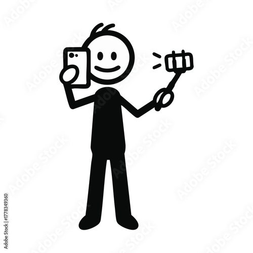 A simple stick figure enthusiastically takes a selfie with a smartphone and selfie stick, capturing a moment of self-expression and modern communication.
