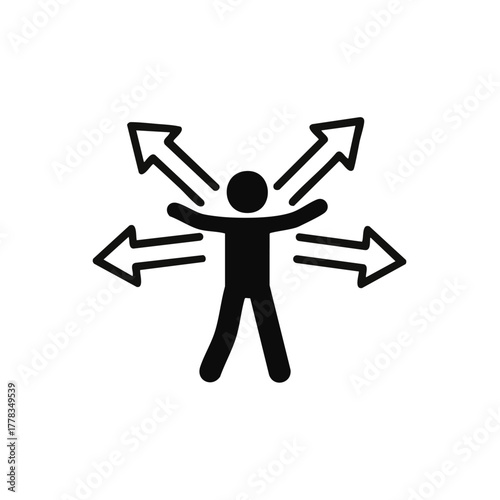 A person icon surrounded by directional arrows, representing choices, options, and making decisions in various directions for success.