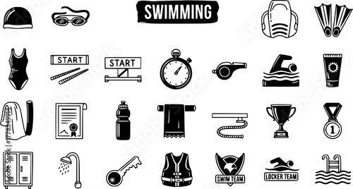 Hand-Drawn Doodle Swimming Icons Set: Gear, Equipment, Accessories, and Sport Activity Elements for Water Sports and Competition