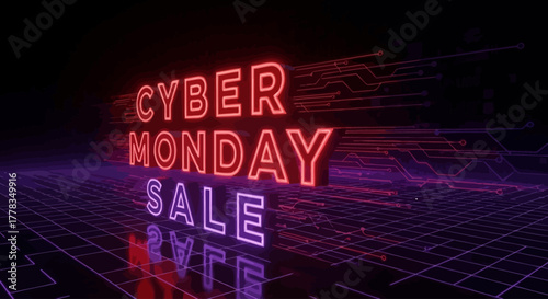 Cyber Monday Sale Neon Background with Futuristic Digital Circuit Design