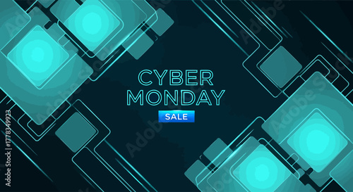Futuristic Blue Cyber Monday Sale Background with Glowing Squares and Digital Tech Design