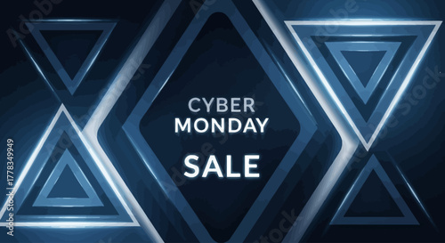 Futuristic Geometric Cyber Monday Sale Background with Blue Neon Triangle Design
