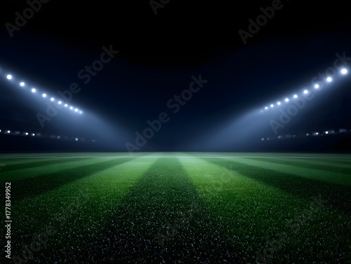 A vast football stadium at night illuminated by dramatic floodlights over a pristine green pitch with dark sky and ample copy space