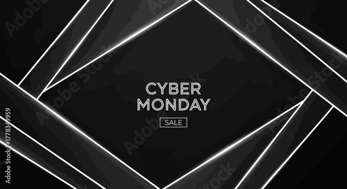 Modern Cyber Monday Sale Background with Black Abstract Shapes and Glowing White Neon Lines