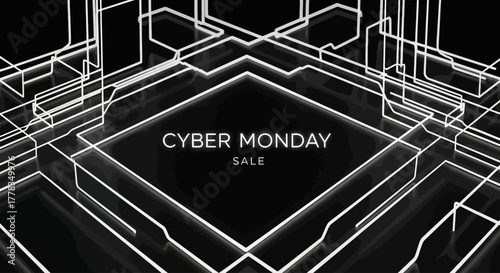 Futuristic Cyber Monday Sale Background with Glowing Neon Lines and Dark Tech Grid Design