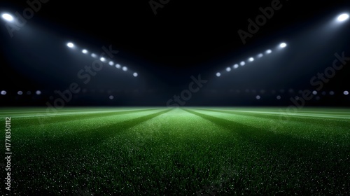 Vast green football pitch illuminated by bright stadium floodlights at night creating an atmospheric empty sports arena