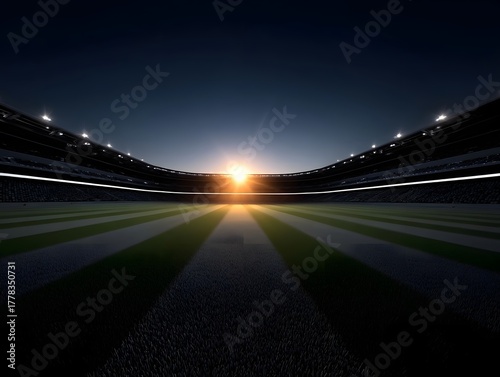 Empty sports stadium at golden hour with dramatic sun rays beaming across the illuminated pitch and grandstands