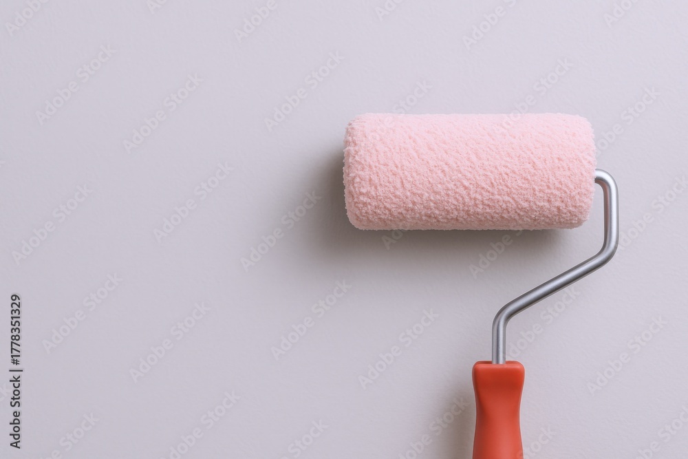 Obraz premium Paint roller with pink color on clean wall background, house renovation and painting service concept