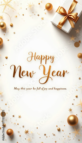A minimalist and elegant New Year greeting card design on a soft white background. At the top right, a white gift box is wrapped with a shiny gold ribbon and bow.