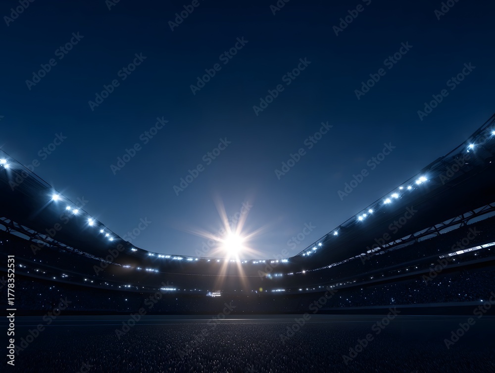 Obraz premium Illuminated stadium at night with bright spotlights against a dark blue sky