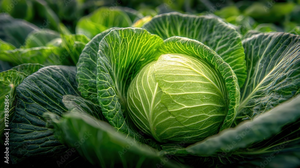 Obraz premium Fresh Green Cabbage Head Growing in the Garden Ready for Harvest and Consumption