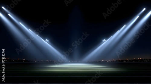 Empty football stadium at night illuminated by powerful spotlights casting dramatic beams of light onto the field with a distant city skyline