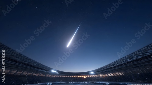 A brilliant meteor streaks across the vast star filled night sky observed from a grand empty sports stadium with illuminated architecture below