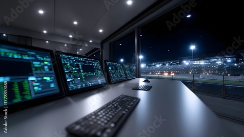 A modern control room s glowing monitors overlook a brightly lit stadium at night