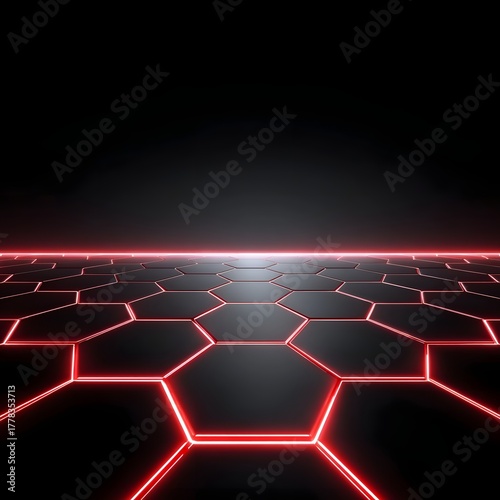 Dark futuristic floor with red neon glowing hexagonal grid pattern towards horizon