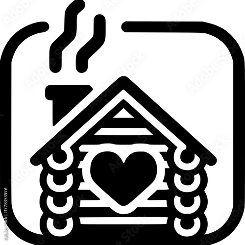 Cozy Home Icon: A heart-shaped window graces a warm cabin, with gentle smoke curling from the chimney, symbolizing a place of love and warmth, inviting serenity.