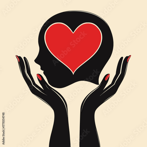 Hands holding head silhouette with heart symbol   , vector style simple color