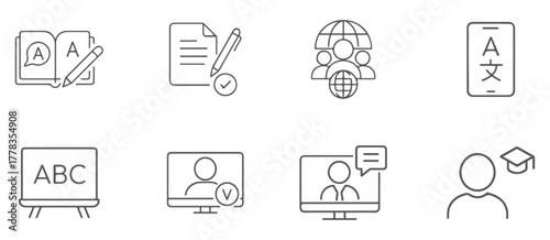 Language Learning, Online Education, and Global Communication Line Icons