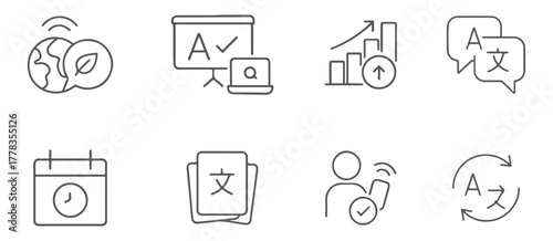 Language Translation and Global Communication Line Icons Set, Education and Training