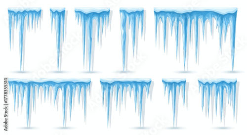 Collection of realistic winter icicles hanging down from the top, perfect for design elements
