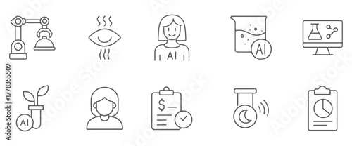 Artificial Intelligence Technology Line Icons Set, AI in Science, Business, and Robotics