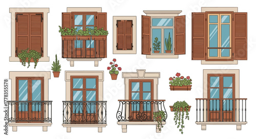 Collection of Various Brown Windows and Balconies with Plants, Vector Illustration