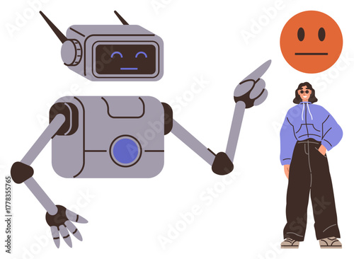 Friendly robot gestures toward a neutral emoticon while a casually dressed person observes interaction. Ideal for AI integration, communication, technology, human-robot relationships, emotions