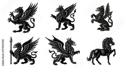 A monochrome collection of classic heraldic creatures including rampant griffins and horses for use in emblems and crests