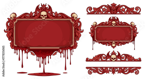 Gothic ornate frame with skulls and dripping blood elements for dark design themes