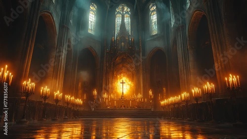 Majestic cathedral interior with glowing candles and cross
