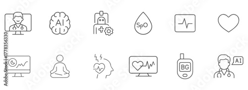 Artificial Intelligence Healthcare Line Icons Set, Telemedicine and Digital Health Technology