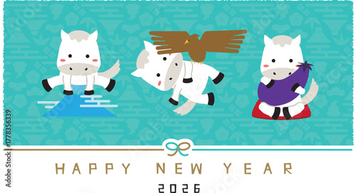 2026年賀状 Happy new year 水引き　白馬初夢　背景ミントブルー